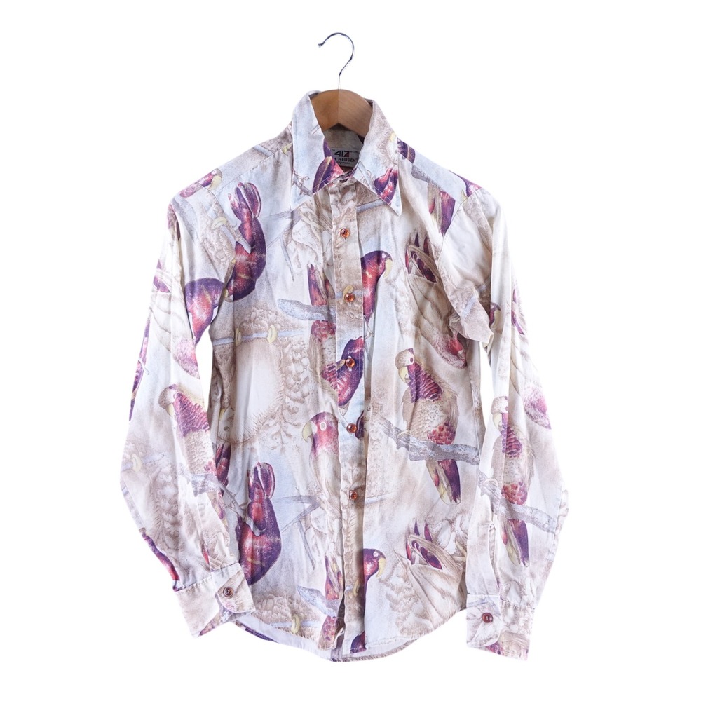 Vintage 70s 417 Men 14.5 Van Heusen Parrot Print Button Down Shirt Dagger Collar
